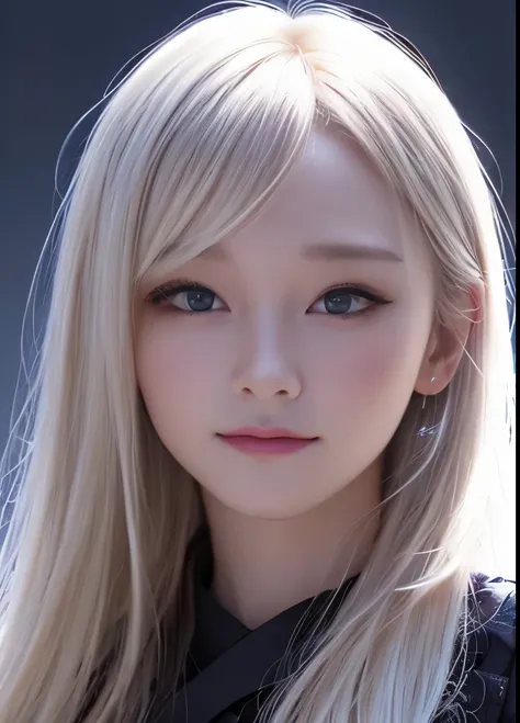 smile、night、Raw photo、(((extreme beauty portrait)))、((glowing skin))、1 girl、Beautiful girl of 11 years old in Prague、((Natural bright platinum blonde hair))、[blue eyes]、Glossy and glossy skin、Silky long straight hair、eyeliner、long bangs、hair between eyes、f...