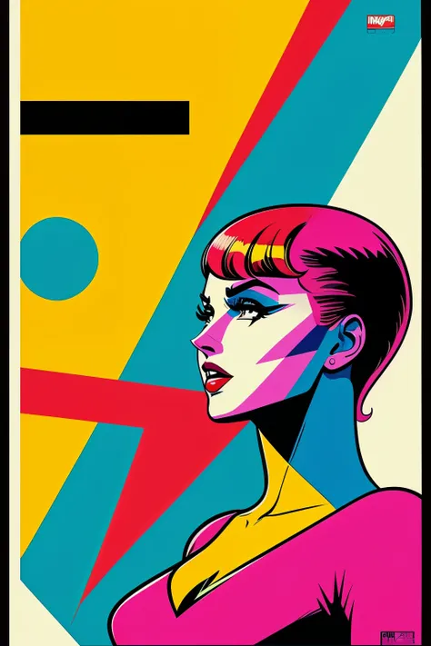 Vibrant and dynamic comic book-style artwork comes to life with pop culture references and a retro aesthetic, characterized by lively, bold colors and energetic lines. Two abstract shapes interact, adding intrigue to the scene. Vintage advertisements add a...