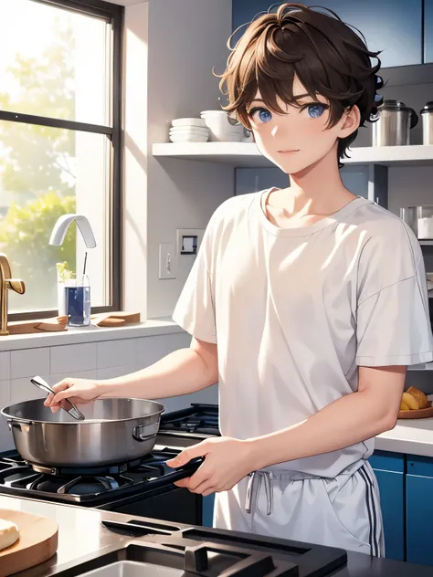 1boy,guy,Cooking in the kitchen, Slight smile,at night,blue eyes,18 years old,Curly hair,medium hair,undercut hairstyle,light brown hair,Plain t-shirt, white t-shirt,white trousers,ultra detail, perfect face, hd face, detailed face, masterpiece