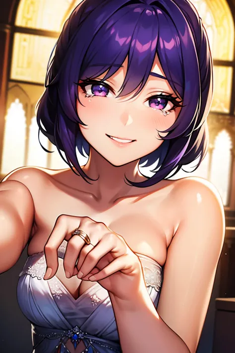  1girl, short midnight purple hair, wedding dress, happy tears, tears falling from face, ((wedding ring)), church bells, colorful flowers blooming, center position, masterpiece, best quality, high quality, smiling expression, pov from viewer, hand stretche...