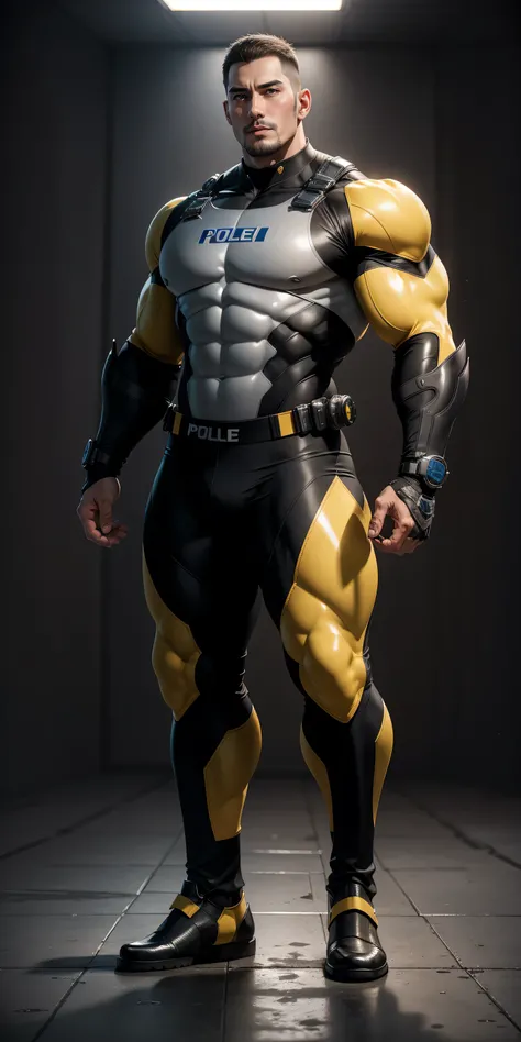 Tall giant muscular police officer，Yellow-gray honeycomb network pattern nano mecha，honeycomb pattern，Lightweight texture，character concept（Resident Evil - chris redfield，chris redfield）senior police officer，small grid texture，regular symmetrical texture p...