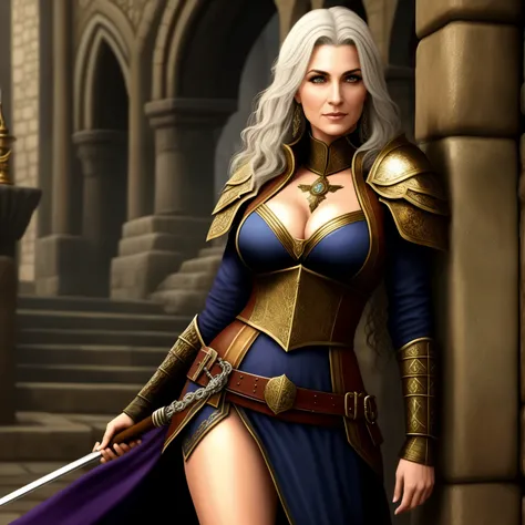 uma mulher, 45 anos, medieval fantasy setting, epic, detalhes intrincados, hiperdetalhado,