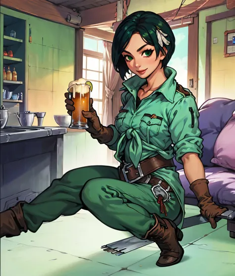 masterpiece, anime screencap, 1girl, solo, short hair, feather ornament, black hair, green shirt, black pants, gloves, boots, sitting, smile, drinking, beer, indoors, tavern, full body, cowboy shot
