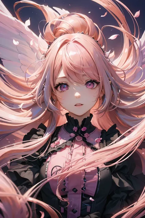 4K quality:1.2,1girl,sense of deps,disorganized,catch light,super beautiful illustrations,falling petals,(((pink hair,long hairstyles:1.3))),eye shadow,((black clothes,gothic lolita)),Upper body,;D,beautiful and delicate flowing hair,((Delicate and detaile...