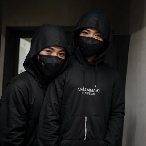 Seorang pria memakai hoodie hitam memakai masker memakai kacamata hitam