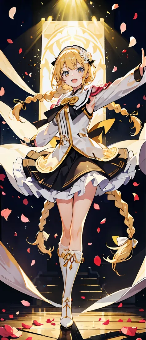 (muste piece), (best quality), very detailed, ((1 girl)), solo full body shot，Viewer&#39;s perspective，dancing，(smile)，wink，perfect face, beautiful face, very detailedな顔，((ivory hair_braid long hair_ivory eyes:1.3))，Gorgeous idol costumes，ruffle skirt，solo...