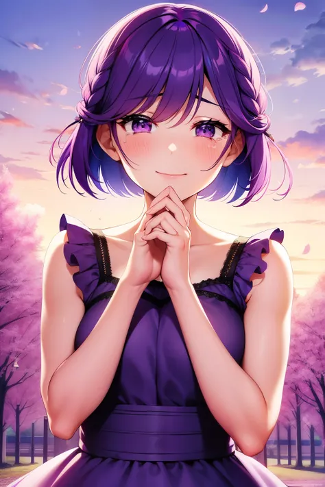 purple hair anime girl, tears of happiness, hands wiping her tears, someone elses hand give tissue paper, smiling, cute dress, focus on upper body, beautiful flowers blooming, masterpiece, best quality, high quality, bright color dress, short hair, side br...