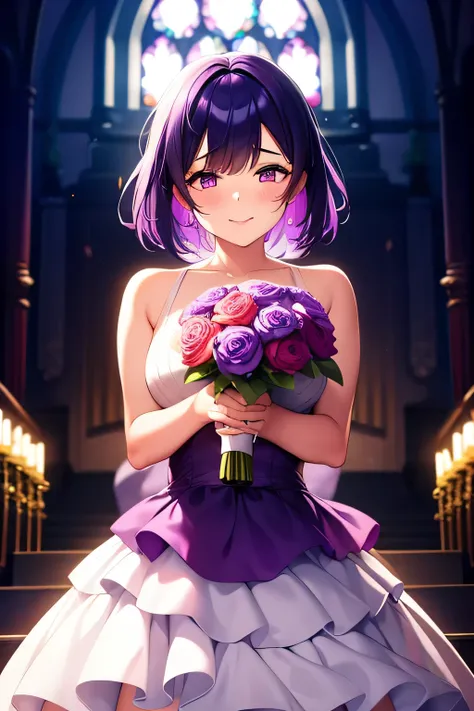 1girl, short midnight purple hair, wedding dress, happy tears, tears falling from face, wedding ring, church bells, colorful flowers blooming, center position, masterpiece, best quality, high quality, smiling expression