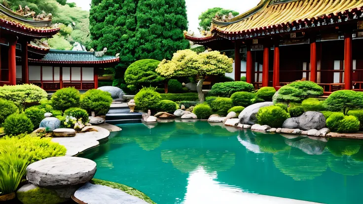 ((masterpiece))Wooden structure Chinese style courtyard, Flowers and trees, rockery, Chinese pool, There are koi in the pond, Two men drinking tea and reading a book