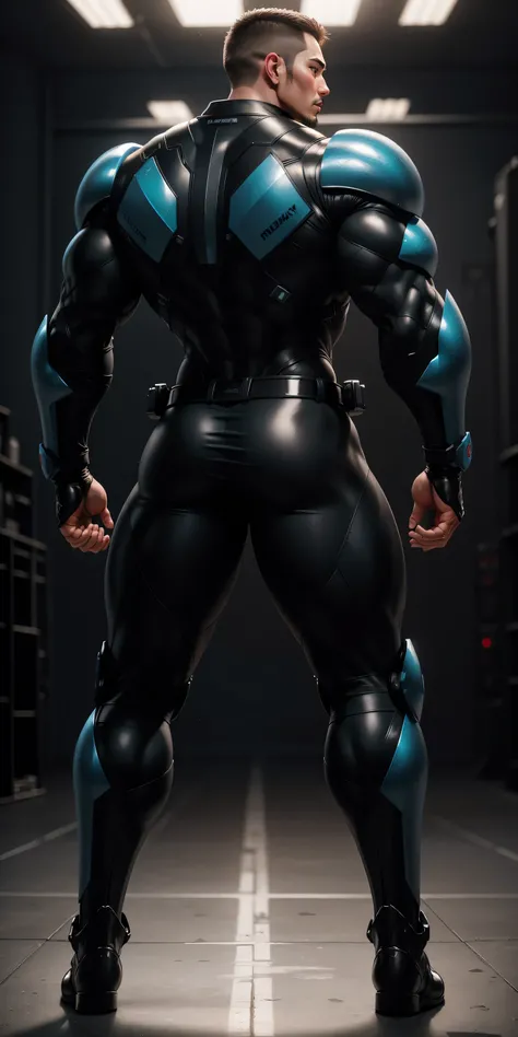 特别High背影, huge, and muscular police officer,Bright black mesh nano-mecha,Colorful light effects surround the whole body,round butt,Highlights,character concept(Resident Evil - chris redfield,chris redfield)senior police officer,small grid texture,regular s...