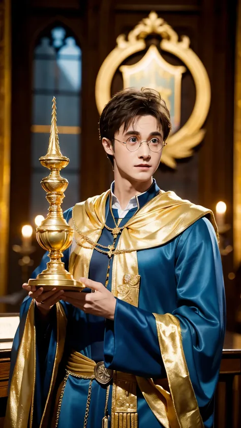 blue skin Harry Potter, muscular body, bare upper body, golden ornaments, flashy costume, Hogwarts in the background, golden king, golden emperor Harry Potter, painted in the center, crowd in the background, golden effect, golden magic, high quality,Harry ...