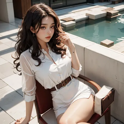 A beautiful woman with chocolate brown curly hair, wearing a red wristwatch, has clear glassy eyes, and sits with pale white skin on a chair. She wears a clean white blouse named WIDYA.