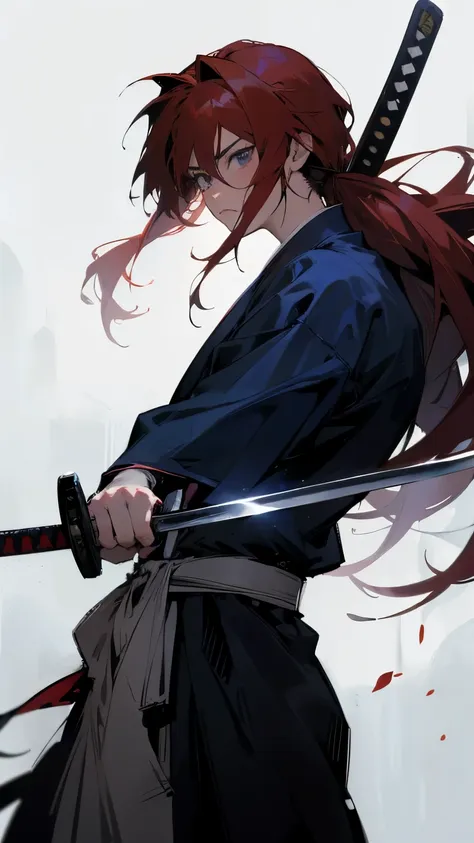 man, rurouni kenshin, himura battousai, samurai x, series of samurai x, red long hair, holding a katana