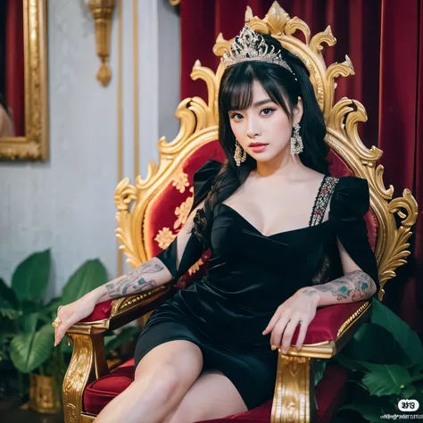 A beautiful asian girl wear black dress seat on a throne, plump figure, small tattoo name "Rara" on a left chest, inside castle with flower decoration on the back, look at camera, close up, on point, 4k