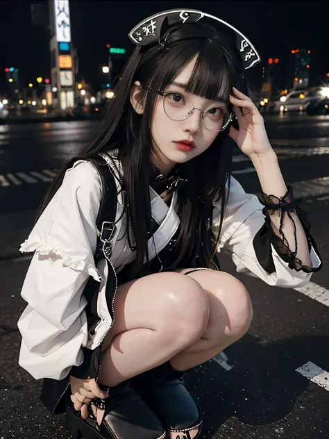 raw photo, 8k, (top-quality), Realistic, (real picture, Intricate details), (natural skin texture, detailed skin, hyper realism, sharpness), (Japanese teenage girl squatting in a downtown area at night, neon light), ((glasses, jirai fashion with black and ...