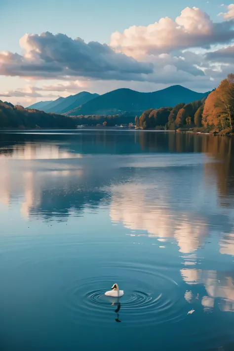 Falling clouds and solitary birds fly together，Autumn water and sky are the same color