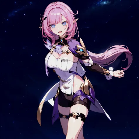  masterpiece, best quality,  Ridiculous, Alicia (miss pink Elf) (Honkai Impact), slit pupil, Alicia (Honkai Impact), Elf, pointed ears, 1 girl, breast, split, pink hair, alone, hair accessories, Smile, blue eyes, long hair, looking at the audience, open mo...