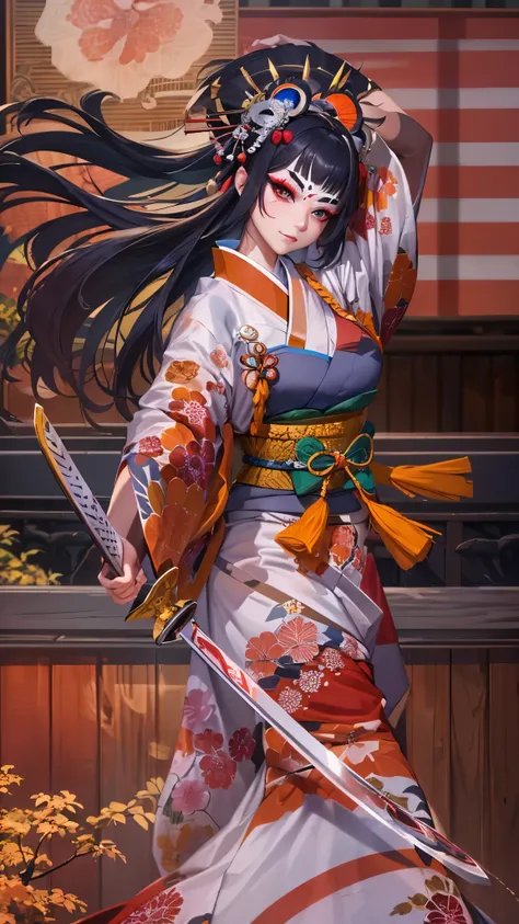 low-angela, full-body, ((battle fighting stance)), (hand holding Japanese long swords gripping swords in hands) (solo:1.3, ((kabuki makeup face)), (black hair oiran hair, cute femdom girl, 17 yo, big breasts, detailed red eyes, love smile), (in a immensely...