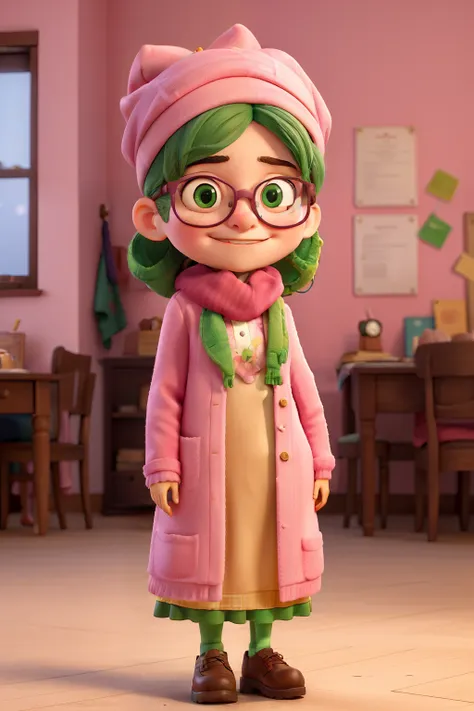 masterpiece, best quality, an youg girl with glasses and a pink hijab on, wearing a pink coat and green scarf, holding a waffle cake