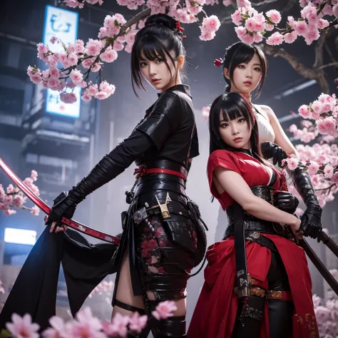 2 hot lady samurai dressed in cyberpunk costumes, duel each other with deadly weapons, they are in a blooming cherry orchard in mid day