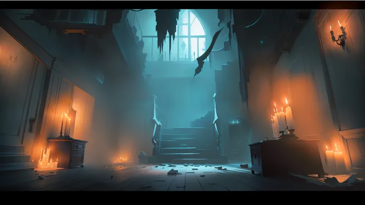 There is a room with stairs and lots of candles, interior background art, eerie nostalgic concept art, background art, stylized concept art, concept art for a video game, indie game concept art, 2 d Game environment design, painted as a game concept art, d...