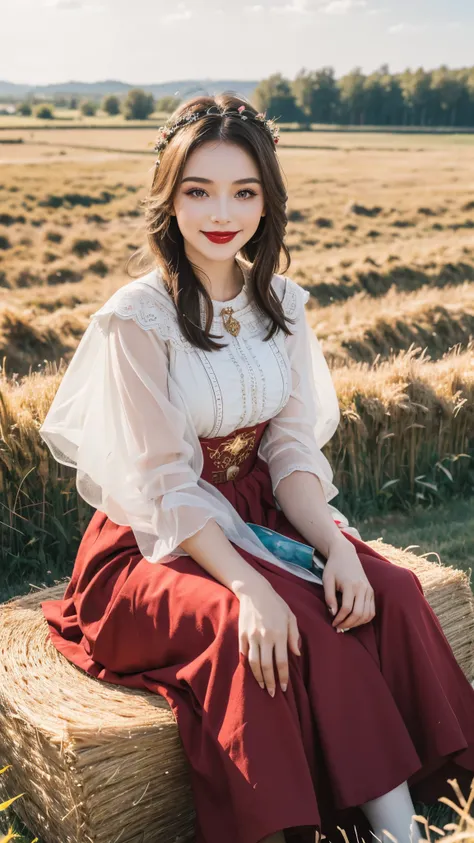 beautiful girl, russian makeup, russian girl, red lips, smiling, peasant outfit, sitting on a bundle of straw, field landscape,