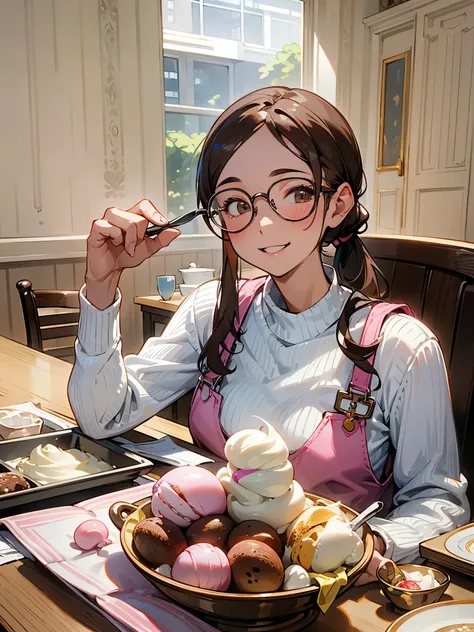 a girl，brown double ponytail whip，wearing glasses，beautiful，happy smile，一只手捏着spoon，Wearing a white sweater，Pink overalls，Dining room，ice cream，spoon，best quality, 4k wallpaper, masterpiece, Extremely detailed CG unified 8k wallpaper, extremely detailed eye...