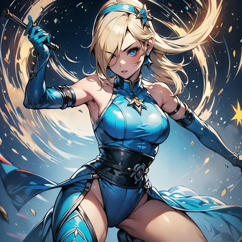 Rosalina wearing Kitanas outfit from Mortal Kombat II, Kitanas outfit, blue suit, simple Kunoichi, Rosalina look a like, blonde, long hair blonde womans