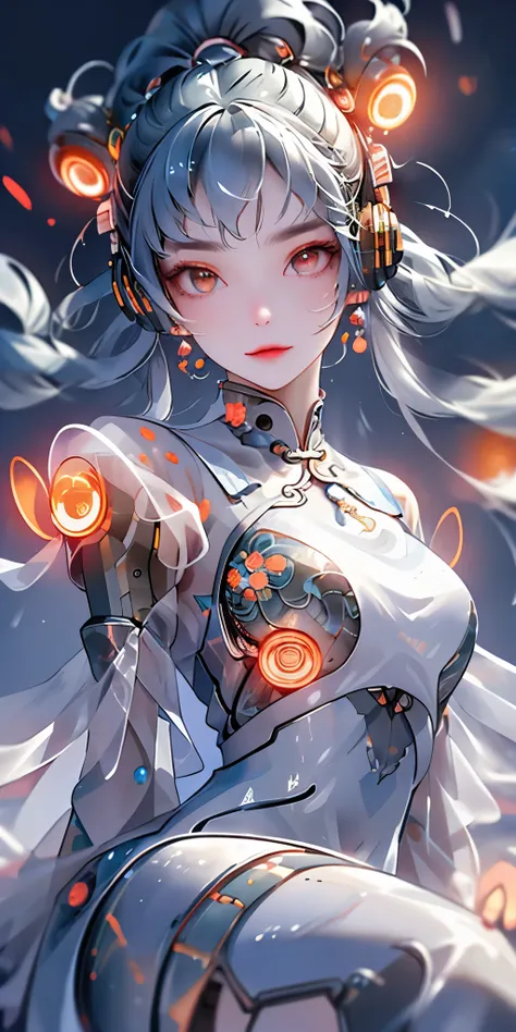 1 girl, chinese_clothing, liquid silver and tangerine, cyberhan, cheongsam, cyberpunk city, dynamic poses, detailed glowing head...