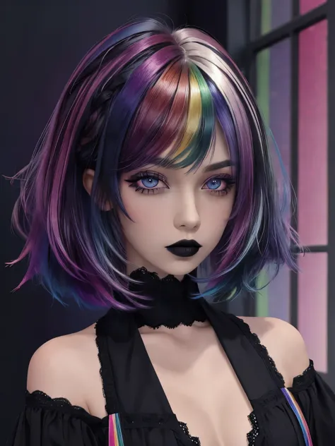 1girl, solo, goth ,short messy hair with long sides, short hair, black lips, eyeshadow, mascara, color: spectrum, vivid colors, rainbow hair , bright rainbow hair, perfect eyes, detailed eyes, medium breasts, indoors  , highly detailed portrait, full body ...