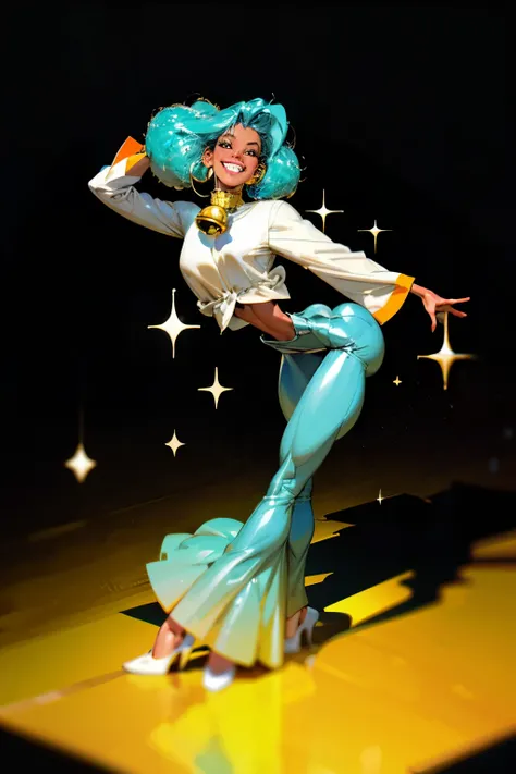 1 young female ,  smile, dark skin tone, afro hair,  a pair of sparkly bell-bottoms, a white blouse,   yellow and cyan tone, 1970s,   huge ear ring, Bell-bottoms, flares,   Disco Mirror Ball,
analog style (35mmstyle:1.1),  masterpiece, , cinematic lighting...