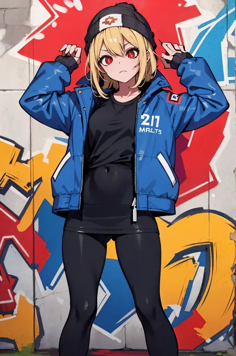 (masterpiece:1.2), (highest quality), (Crumbling walls:1.15), 1 female, Beanie hat, Jacket, leggings, red eyes, whole body, spray cans in both hands, 