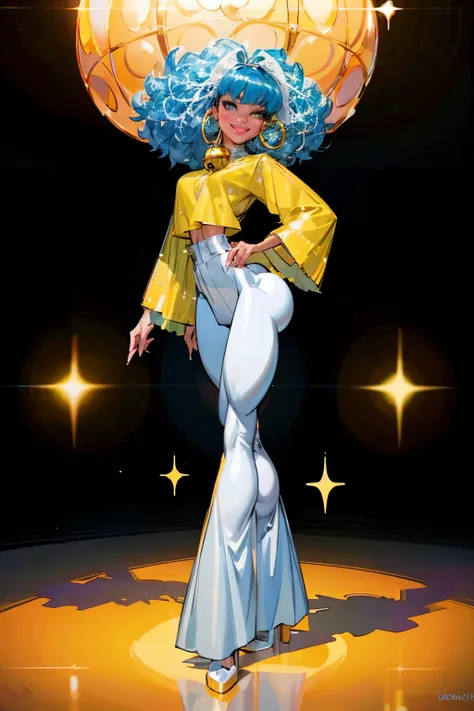 1 young female ,  smile, dark skin tone, afro hair,  a pair of sparkly bell-bottoms, a white blouse,   yellow and cyan tone, 1970s,   huge ear ring, Bell-bottoms, flares,   Disco Mirror Ball,
analog style (35mmstyle:1.1),  masterpiece, , cinematic lighting...