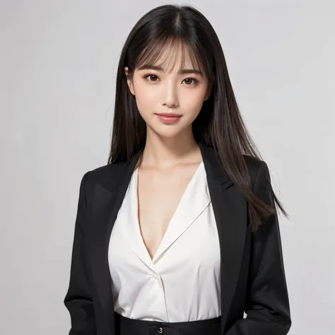 (highest quality、table top、8k、best image quality、Award-winning work)、1 beautiful woman、(formal straight medium hair:1.1)、(formal black business suit style:1.4)、smile looking at me、big breasts、emphasize body line、(Front photo above the chest 1.4)、(A woman p...