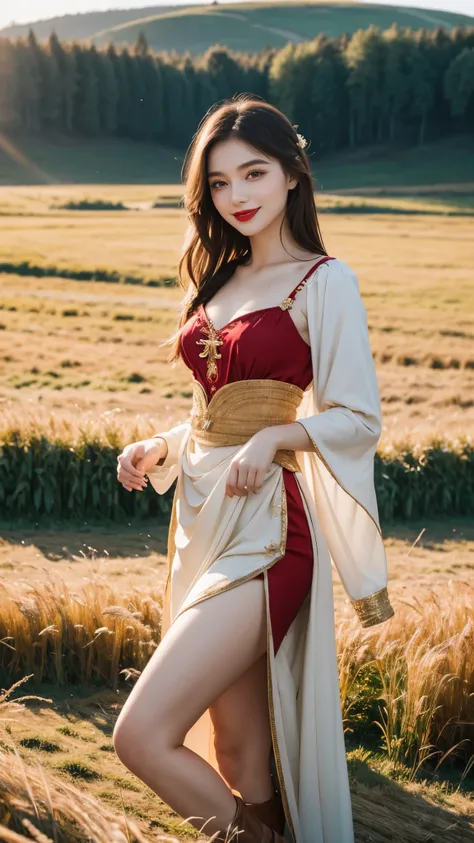 beautiful girl, russian makeup, russian girl, red lips, smiling, sexy peasant costume, standing in the middle of the field, field landscape, bundle of straw,