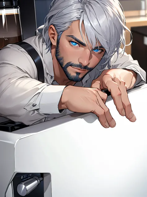 realistic, (best quality, masterpiece:1.3),  finely detailed eyes and detailed face, coffee machine, kitchen, solo mature male, tall muscular guy, silver hair, blue eyes, silver facial hair,