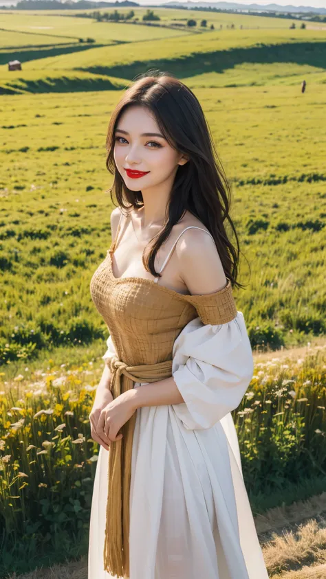 beautiful girl, russian makeup, russian girl, red lips, smiling, sexy peasant costume, standing in the middle of the field, field landscape, bundle of straw,