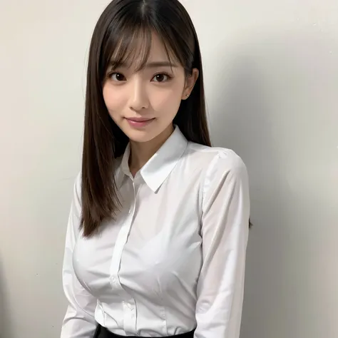 (highest quality、table top、8k、best image quality、Award-winning work)、1 beautiful woman、(formal straight medium hair:1.1)、(wearing a perfect white shirt made of polyester:1.1)、(Perfect and precise polyester long sleeve shirt:1.1)、smile looking at me、(big br...