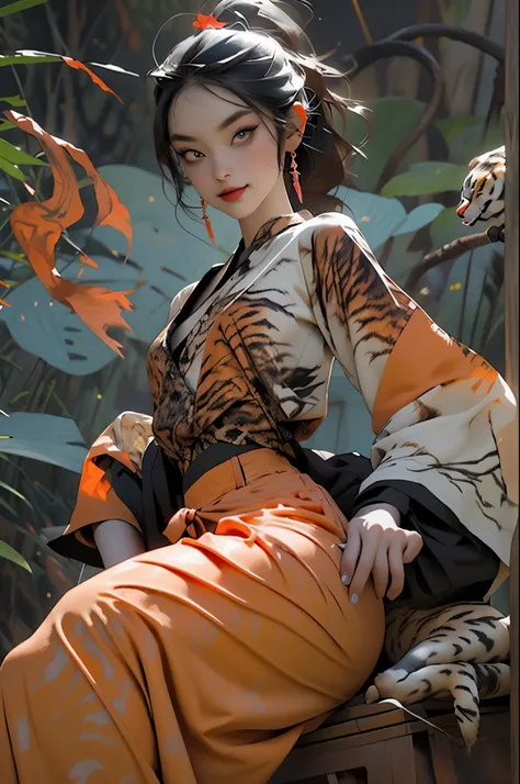 1 girl, Dry brush art work, Surreal design, Double kawaii, a woman vampire, warrior, Wearing disgusting tiger print Palazzo pants, four colors