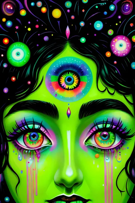 A painting of a woman with rainbow tears on her face, Surreal tears from the moon, alien atmosphere, Face blends into the universe, psychedelic art, unearthly art style, trippy mood, psychedelic trip, Psychedelic illustration, stone eyes, Just a little LSD...