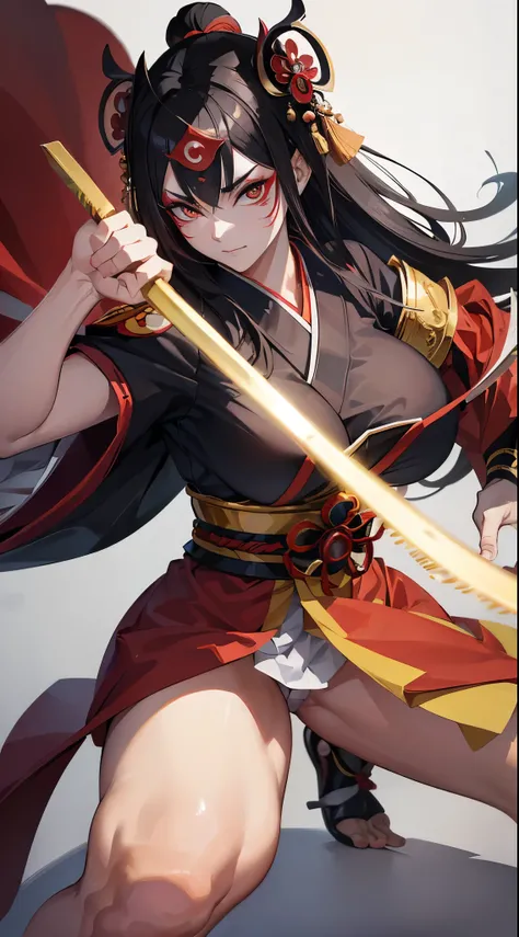 low-angela, full-body, ((battle fighting stance)), (hand holding Japanese long swords gripping swords in hands) (solo:1.3, ((kabuki makeup face)) Kabuki dancer), (black hair oiran hair, cute femdom girl, 17 yo, big breasts, detailed red eyes), (in a immens...