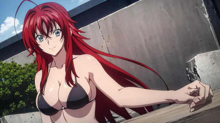 (((picture perfect))), (absurdres), 1girl, solo, rias gremory, shy smiling face, ((upper body)), (large breasts), ((black micro bikini)), ((visible pokies))