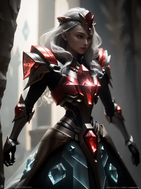 world style,Armor girl,Crystal material(3D rendered armor,refractive index:1.76 - 1.78,Albedo:0.03 - 0.05,ambient light:Between 20-50,color:deep red, Medium saturation,Type of light:ambient light:1.2,Light source color:Northern Lights,Light source intensit...