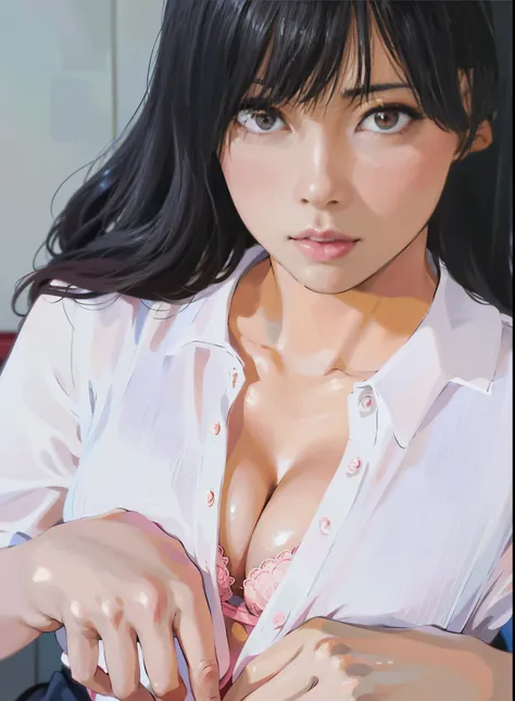 There is a woman wearing a pink shirt and a black belt.., Yoshitomo Nara, japanese model, Chiho, young sensual gravure idol, Chiho ashima, Young and cute gravure idol, deayami kojima, sophisticated gravure idol, narumi kakinouchi, Ayaka, ayami kojima amano