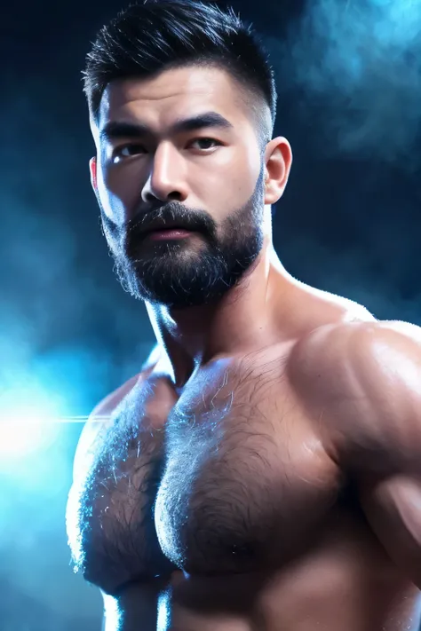 A chinese man with blue mists surrounding his eyes. Hunky, beefy, muscled, wide, hunk, hairy, very hairy chest. Theres a unnatural diamond-blue glow in his eyes