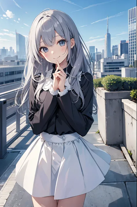 （Pretty sister:1.3）、happy face,spring atmosphere、skyscraper、((roof of the building))、suit figure、gray hair、Super detailed