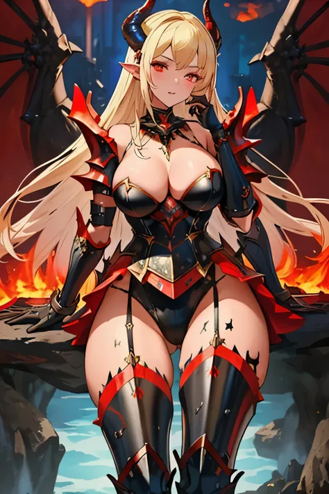 ((best quality)), ((masterpiece)), (detailed), perfect face, 1girl, solo, black and red armour, horns, ashes, molten lava, fire breath, large breasts, black legwear, ultra detailed, highest resolution, best quality, gorgeous lady