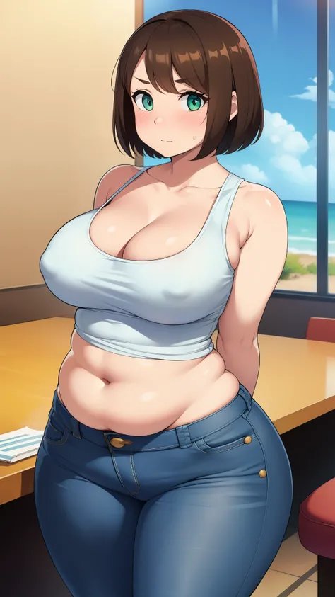 ((high res)), (Masterpiece), detailed face, ultra cute face, cute, looking at viewer, ((1girl)), ((solo)), short hair, fluffy hair, brown hair, green eyes, ((blush)), embarrassed, surprised, (white tank top 1.2), (jeans 1.2), extremely tight clothes, mediu...