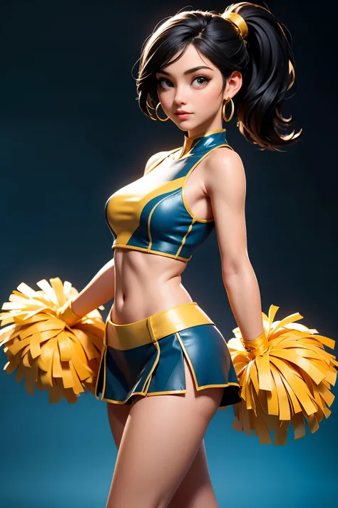 ((((masterpiece)))), high quality, very_high_resolution, large_filesize, full color, blue white and gold cheerleader outfit, gold eyes, cute, adorable, beautiful, high contrast, colorful, 5 fingers, slim body, jewelry, medium hair length, pony tail, hoop g...