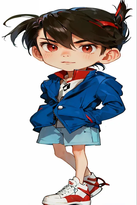 a  image of a boy in a blue jacket and red shoes, inspired by Junpei Satoh, official art, ash ketchum, realistic